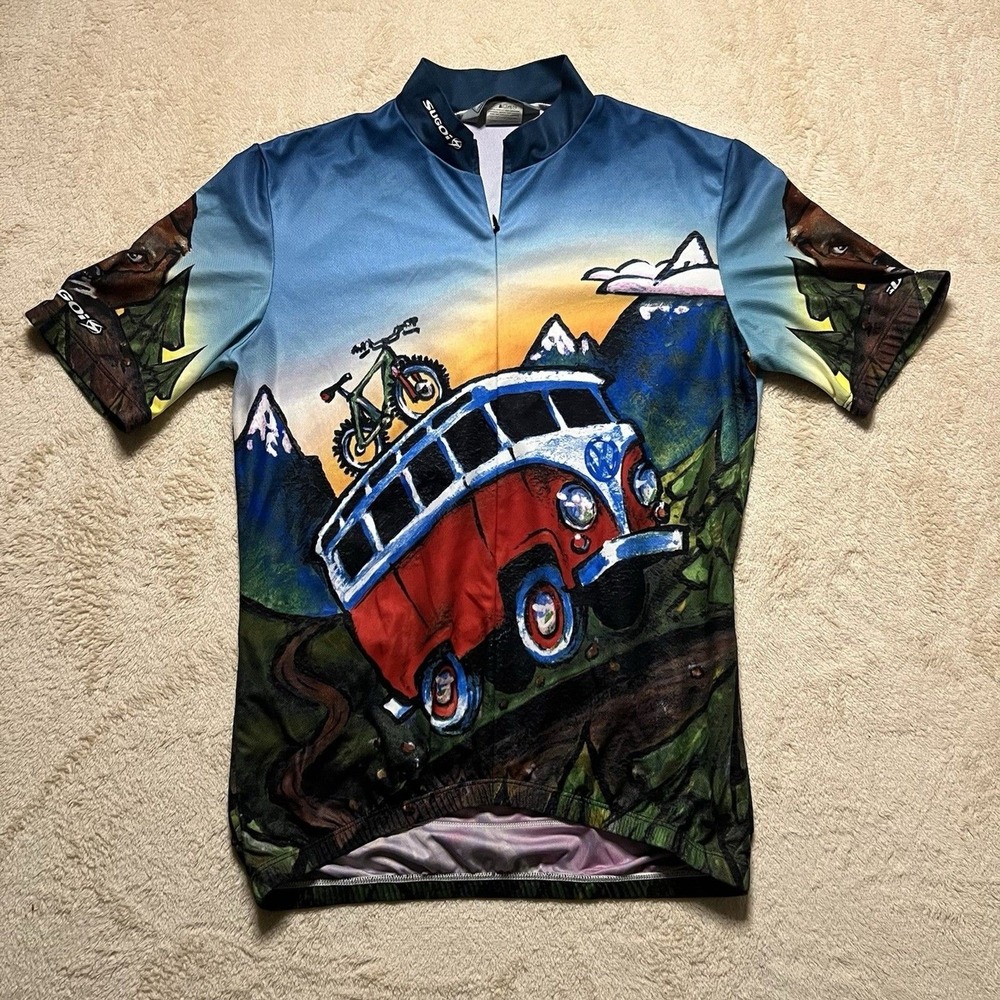 VTG Sugoi Cycling Jersey Volkswagen Van VW Bus Allover Print Men's M 1/2 Zip